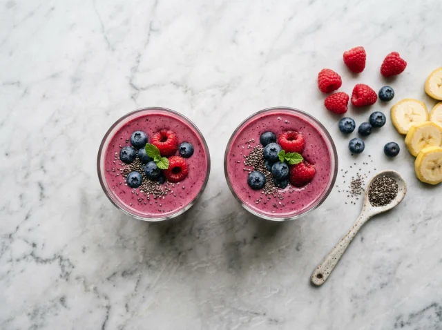 Smoothie cremoso de frutos rojos, plátano y yogur griego