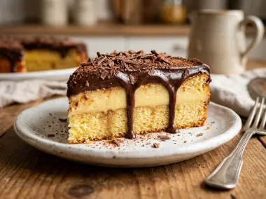 Tarta Rápida de Magdalenas Cuadradas y Flan con Espejo de Chocolate