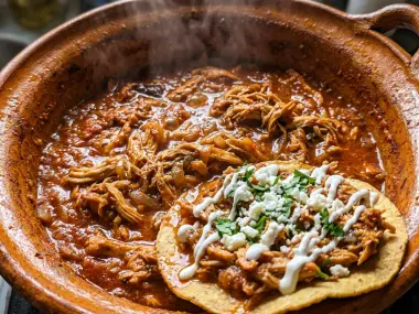 Tinga de pollo mexicana tradicional con salsa de chipotle y tomate